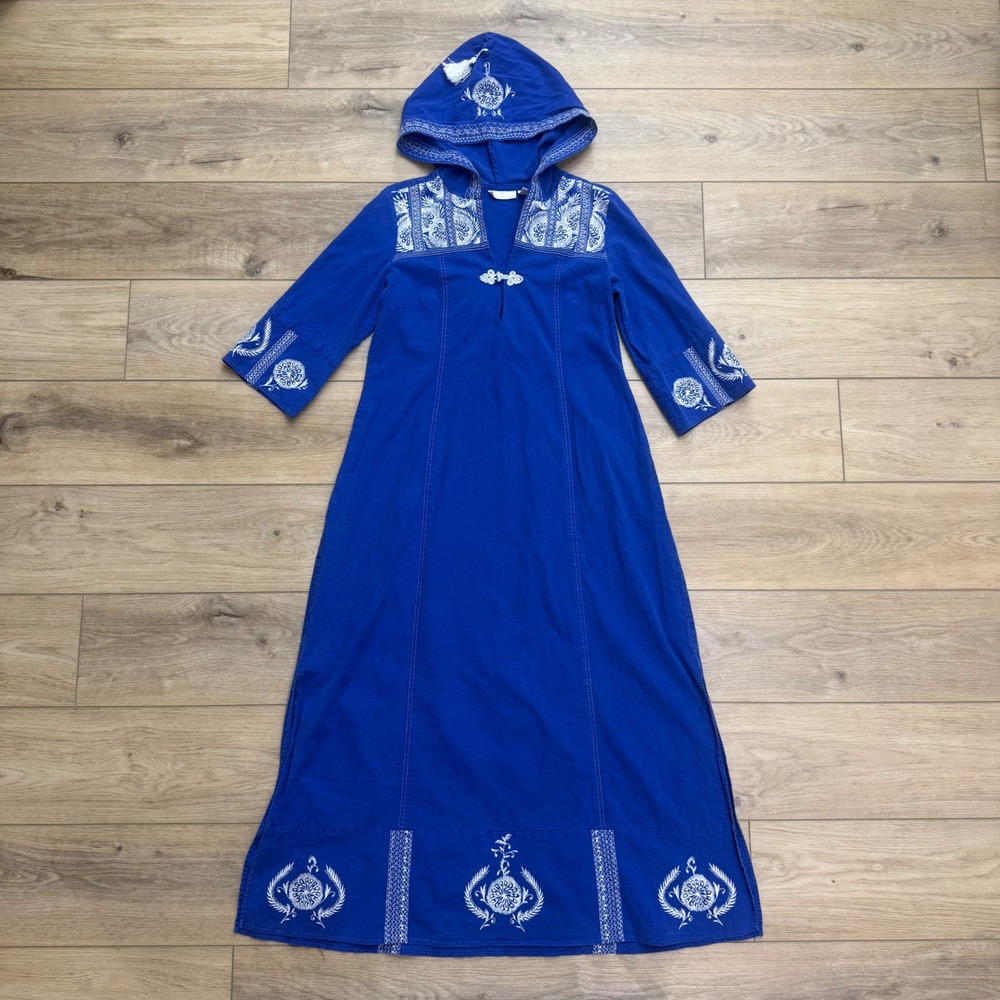 Soft Surroundings Blue Embroidered Hooded Beach Maxi Dress Small Linen Blend